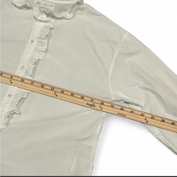 ZARA Poplin Ruffle 3/4 Long Sleeve Button Up Blouse | White | Size 10 - Picture 6 of 8